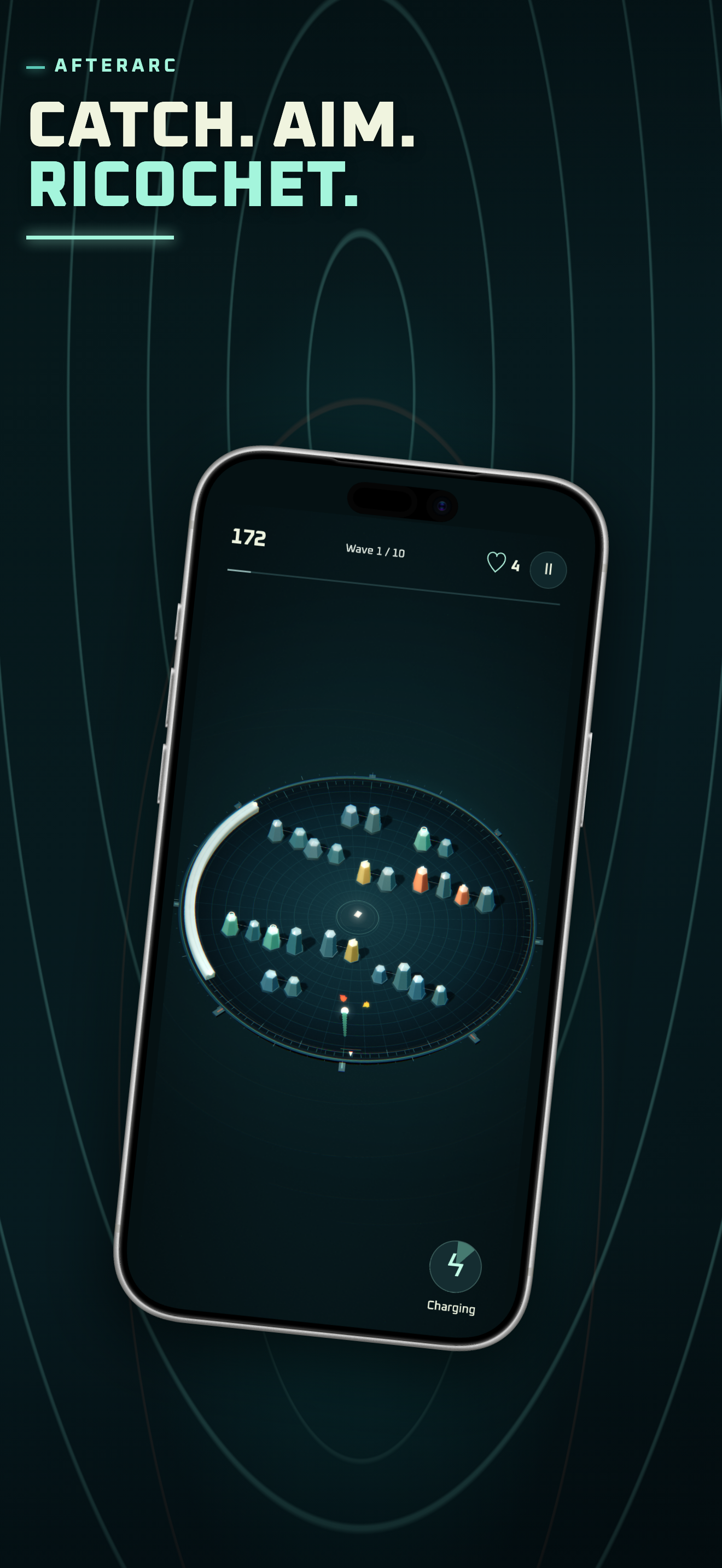 Published AFTERARC App Store screenshot showing the crescent paddle, returning ball and crystal targets