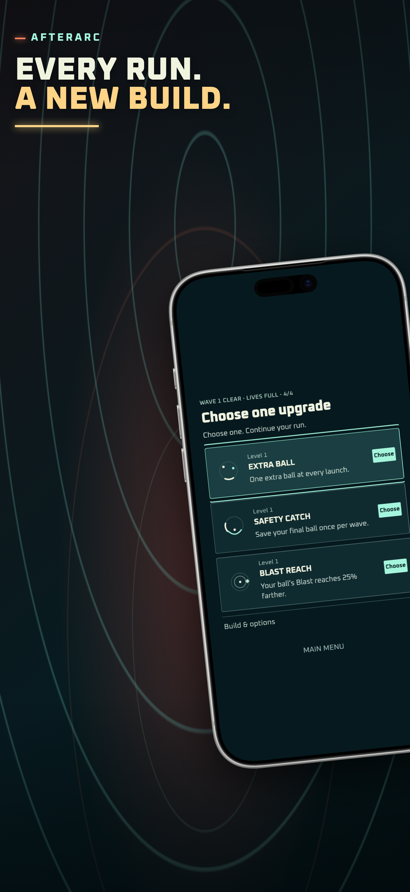 Published AFTERARC App Store screenshot showing Extra Ball, Safety Catch and Blast Reach upgrade choices