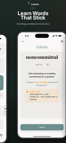Published Lexora App Store screenshot of the word noncommittal, with its definition, example and memory hook